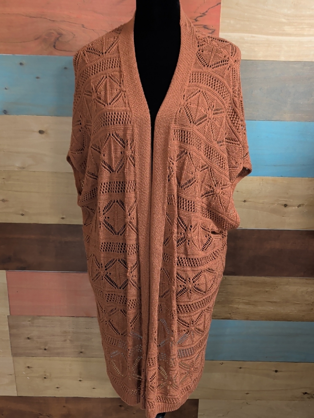 bobeau Rust Openwork Knit Long Cardigan